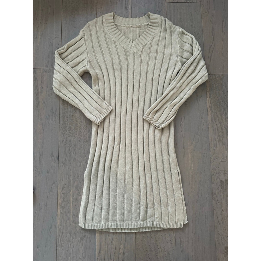 DAZY Beige Ribbed Knit Long Sleeve Midi Dress Medium